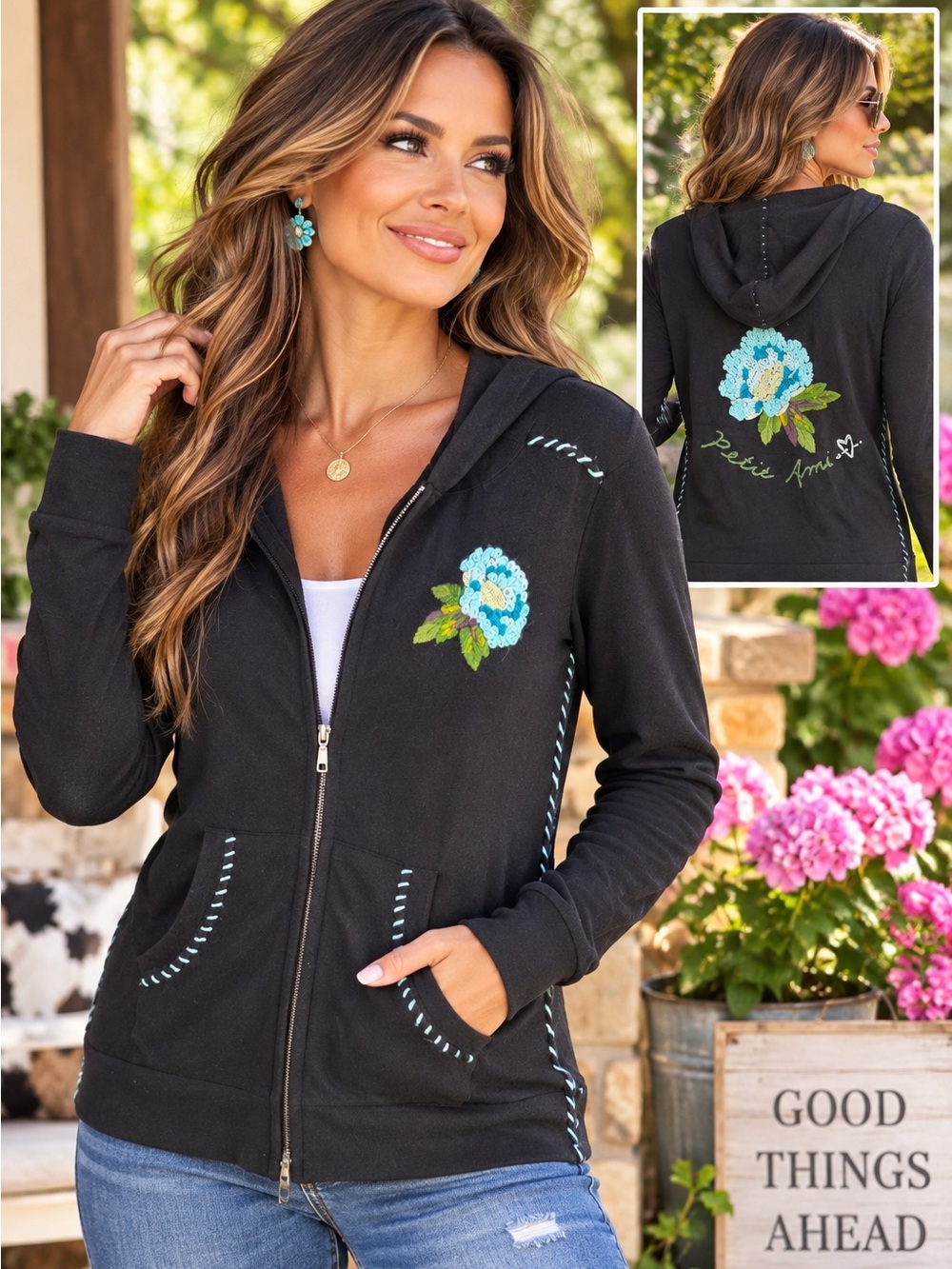 Charlotte Tarantola Silk Angora Embroidered Zip Hoodie S